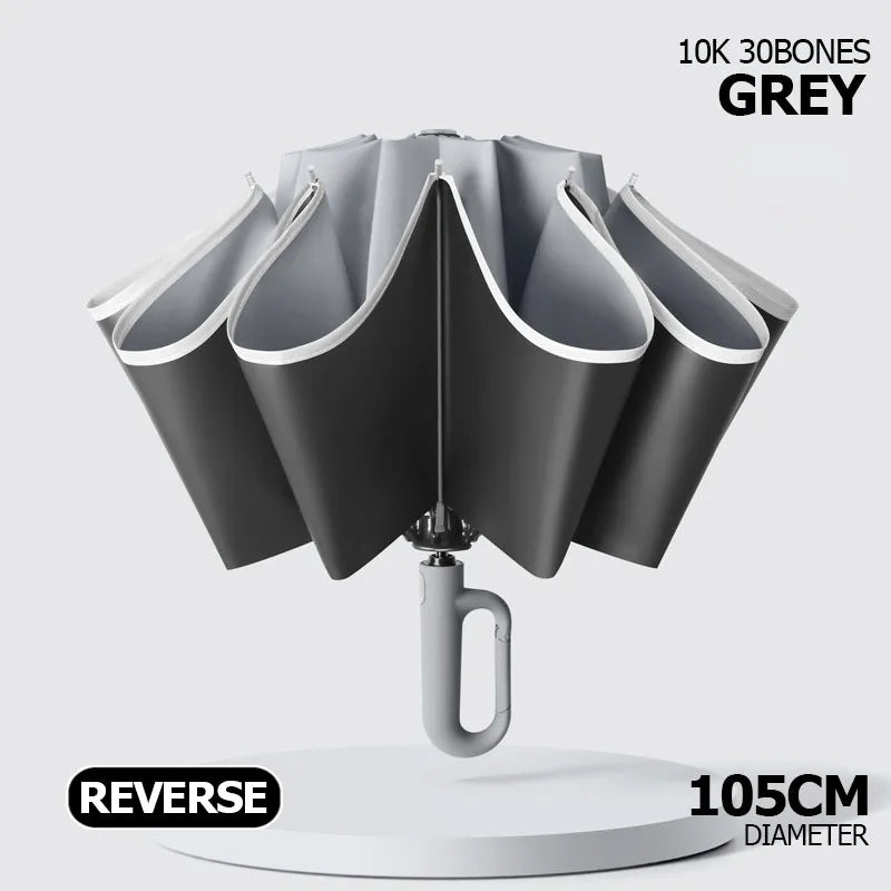 Big Windproof Strong Umbrella with Reflective Stripe Reverse Automatic Fold UV Umbrella for Rain Sun Carabiner Handle Luxury