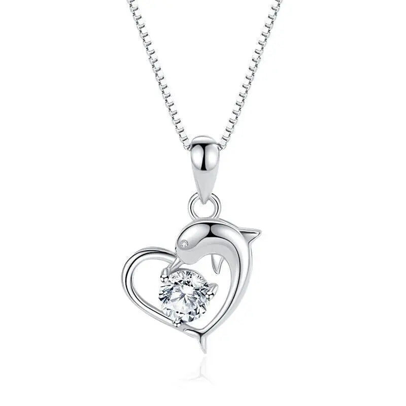 925 Sterling Silver Crystal Heart Dolphin Pendant Necklace Women Jewellery Gift