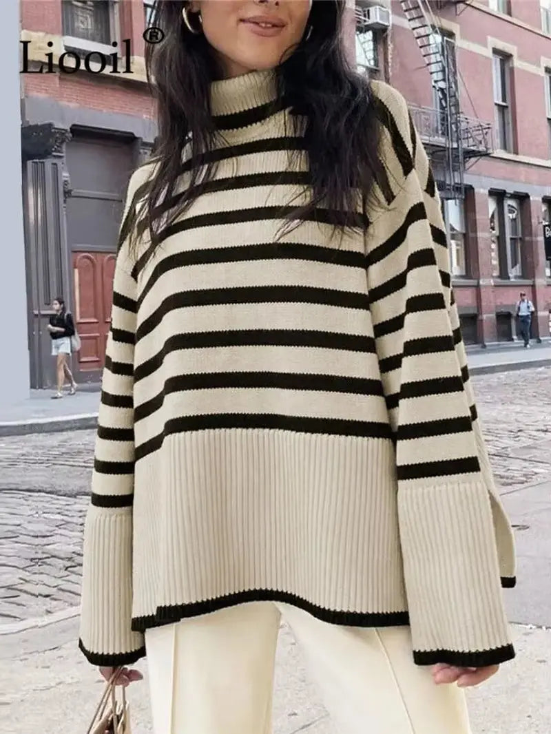 Black and White Stripe Sweater Streetwear Loose Tops Women Pullover Female Jumper Long Sleeve Turtleneck Knitted Ribbed Sweaters