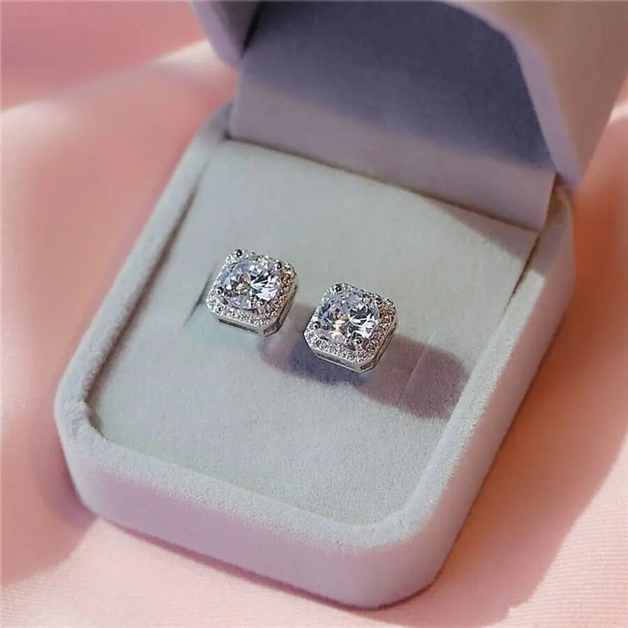 Crystal Square Stone Stud Earrings 925 Sterling Silver Womens Jewellery Gift UK