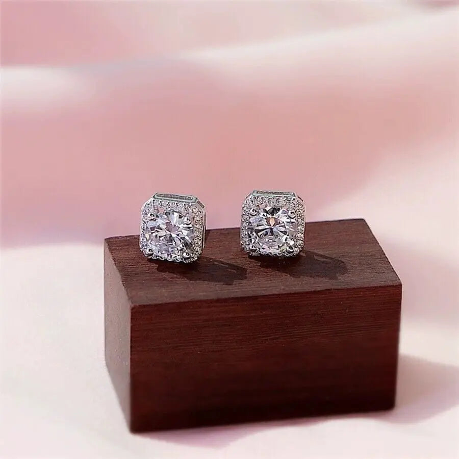 Crystal Square Stone Stud Earrings 925 Sterling Silver Womens Jewellery Gift UK