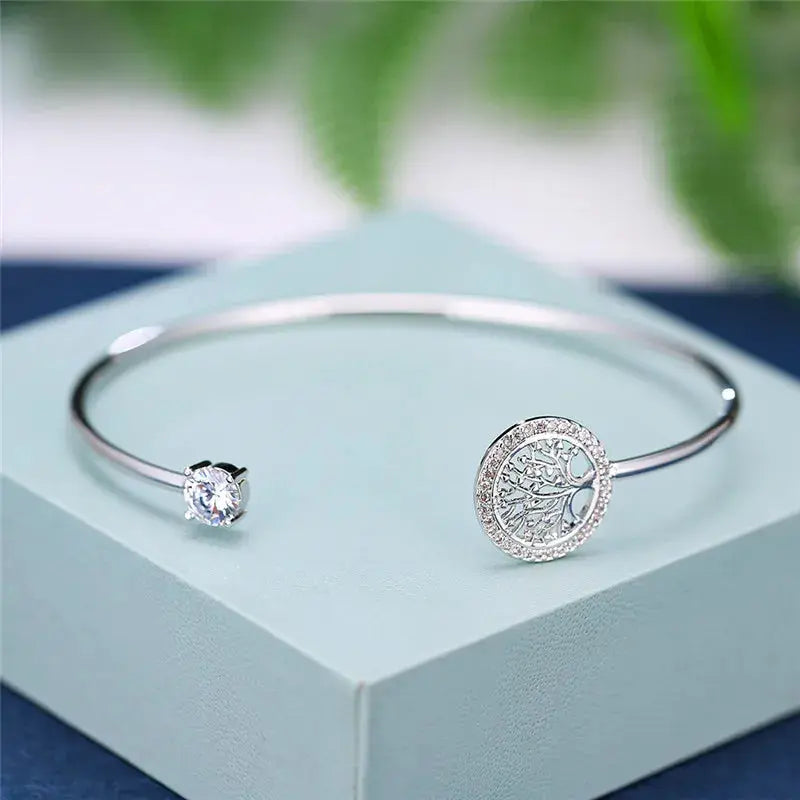 Luxury Female White Zircon Stone Bracelet Tree of Life Adjustable Bracelets for Women Cute Silver Color Wedding Bracelet