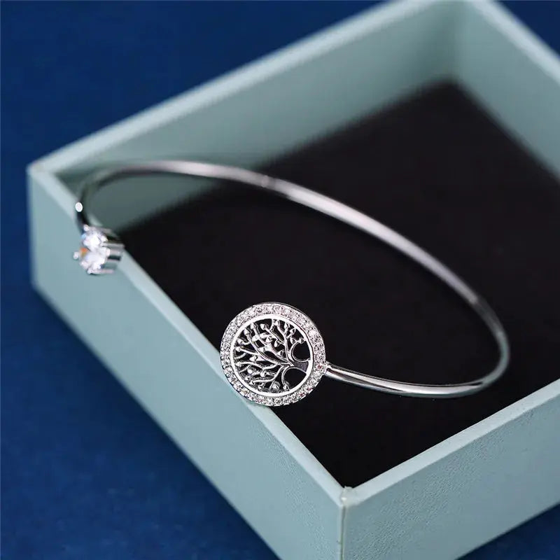 Luxury Female White Zircon Stone Bracelet Tree of Life Adjustable Bracelets for Women Cute Silver Color Wedding Bracelet