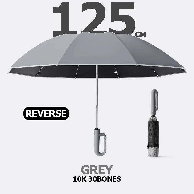 Big Windproof Strong Umbrella with Reflective Stripe Reverse Automatic Fold UV Umbrella for Rain Sun Carabiner Handle Luxury