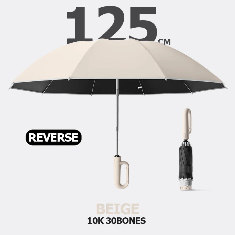 Big Windproof Strong Umbrella with Reflective Stripe Reverse Automatic Fold UV Umbrella for Rain Sun Carabiner Handle Luxury